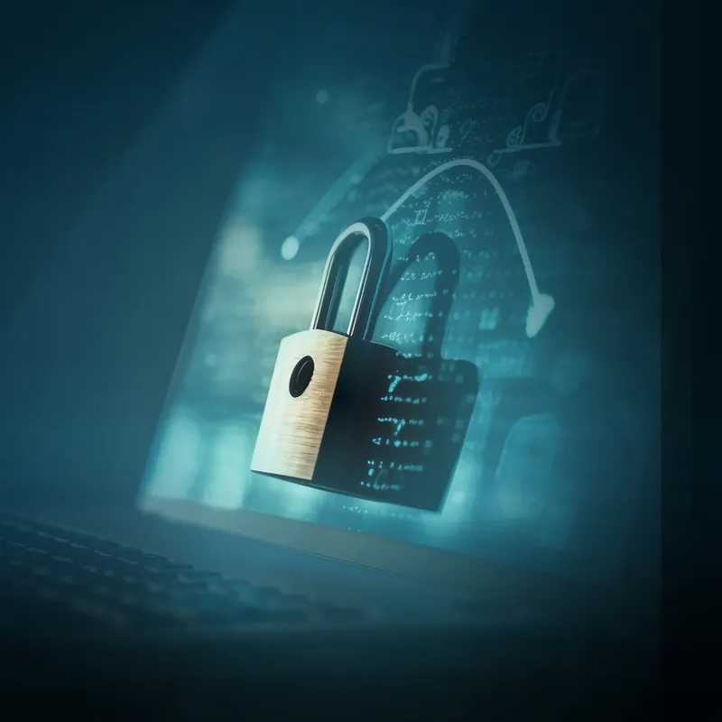 قفل رقمي مضيء على شاشة حاسب فوق تدفّق بيانات